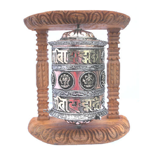 Large Metal Prayer Wheel with Natural Wood Frame -W0525 - Click Image to Close